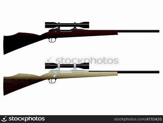 Two wooden hunting rifles with sight and wood grain