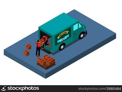 Two workers unload the van. The worker in the van passes the box to another worker who is near the car.