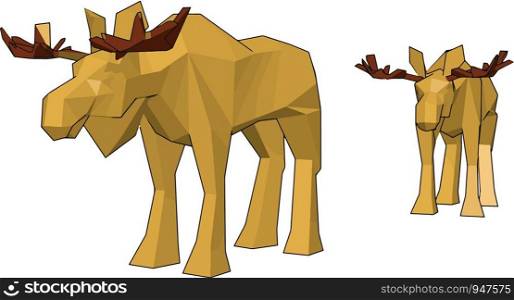 Two yellow colored reindeers toy either made up of stone wood or plastic in walking position vector color drawing or illustration