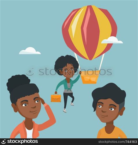 Two young african-american employees looking at their successful colleague. Hardworking employee flying away on a balloon from less successful colleagues. Vector cartoon illustration. Square layout.. Hardworking employee flying away on a balloon.