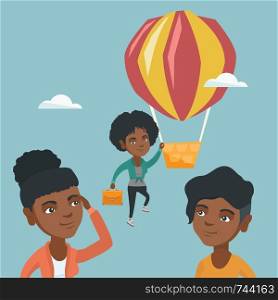 Two young african-american employees looking at their successful colleague. Hardworking employee flying away on a balloon from less successful colleagues. Vector cartoon illustration. Square layout.. Hardworking employee flying away on a balloon.