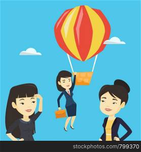 Two young asian employees looking at their successful colleague. Hardworking worker flying away in a balloon from her less successful colleagues. Vector flat design illustration. Square layout.. Business woman hanging on balloon.