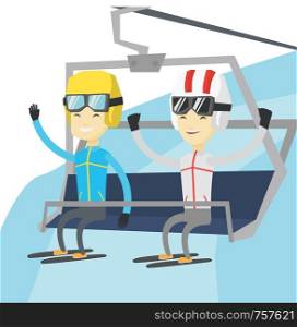 Two young asian men sitting on ski elevator. Skiers using cableway at ski resort. Skiers on cableway in mountains at winter sport resort. Vector flat design illustration isolated on white background.. Two happy skiers using cableway at ski resort.