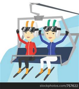 Two young asian women sitting on ski elevator. Skiers using cableway at ski resort. Skiers on cableway in mountains at winter sport resort. Vector flat design illustration isolated on white background. Two happy skiers using cableway at ski resort.