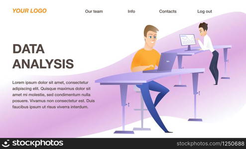 Two Young Business Men at Their Workplace with Computer in Office. Vertical Rectangle Banner, Data Analysis Inscription, Copy Space. Office Working Process, Teamwork Flat Cartoon Vector Illustration. Two Businessmen at Their Workplace with Computer