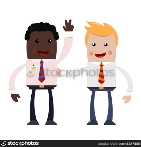 Two young businessman on white background. A couple of successful businessmen - blonde &#xA;and African American - with happy smiles on their faces. Stock vector illustration