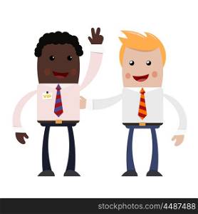 Two young businessman on white background. A couple of successful businessmen - blonde &#xA;and African American - with happy smiles on their faces. Stock vector illustration