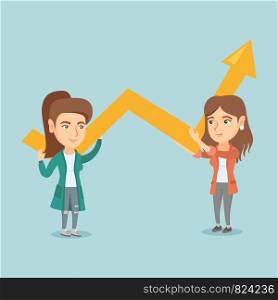 Two young caucasain business women holding growth graph. Business partners with growth graph. Concept of business growth, partnership and teamwork. Vector cartoon illustration. Square layout.. Two young business women holding growth graph.