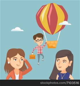 Two young caucasian employees looking at their successful colleague. Hardworking employee flying away on a balloon from her less successful colleagues. Vector cartoon illustration. Square layout.. Hardworking employee flying away on a balloon.