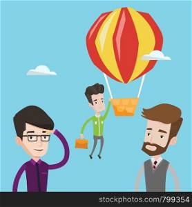 Two young caucasian employees looking at their successful colleague. Hardworking worker flying away in a balloon from his less successful colleagues. Vector flat design illustration. Square layout.. Businessman hanging on balloon vector illustration