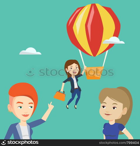 Two young caucasian employees looking at their successful colleague. Hardworking worker flying away in a balloon from her less successful colleagues. Vector flat design illustration. Square layout.. Business woman hanging on balloon.