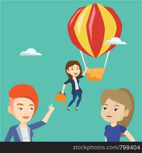 Two young caucasian employees looking at their successful colleague. Hardworking worker flying away in a balloon from her less successful colleagues. Vector flat design illustration. Square layout.. Business woman hanging on balloon.