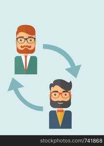 Two young Caucasian gentlemen with beard. Business exchange, emoloyee replacement concept. A contemporary style with pastel palette, soft blue tinted background. Vector flat design illustration. Vertical layout with text space on the right top corner.. Employee replacement