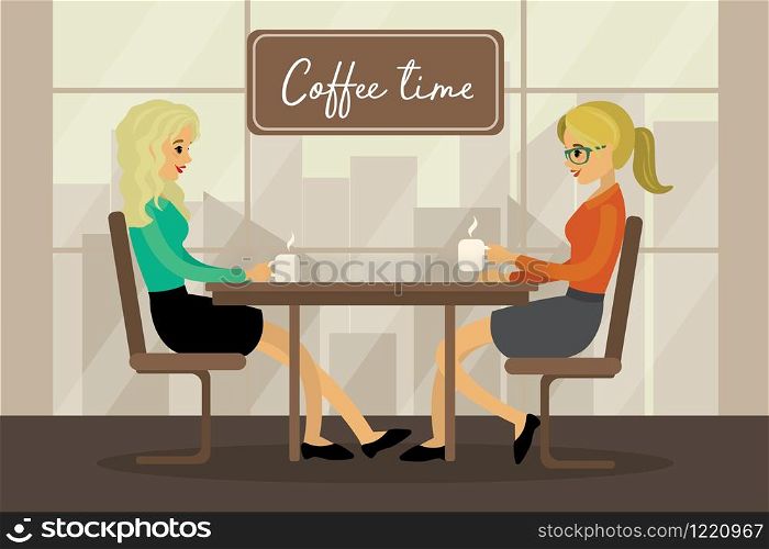 Two Young caucasian Woman In Cafe,beauty female,flat vector illustration