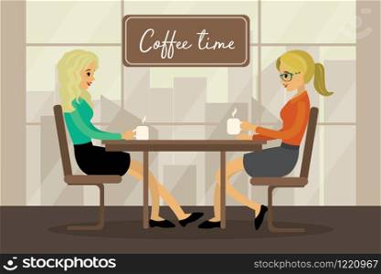 Two Young caucasian Woman In Cafe,beauty female,flat vector illustration