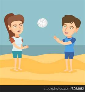 Two young caucasian women having fun while playing beach volleyball during summer holiday. Woman playing beach volleyball with her friend. Vector cartoon illustration. Square layout.. Two caucasian women playing beach volleyball.