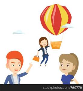Two young employees looking at their successful colleague. Hardworking worker flying away in a balloon from her less successful colleagues. Vector flat design illustration isolated on white background. Business woman hanging on balloon.