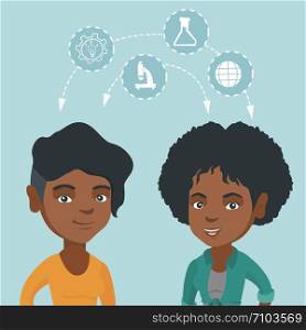 Two young female african-american students sharing with the ideas during process of brainstorming. Concept of brainstorming in education. Vector cartoon illustration. Square layout.. Young african students sharing with the ideas.