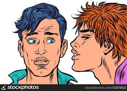 two young gay men kissing. Pop art retro vector illustration kitsch vintage drawing. two young gay men kissing