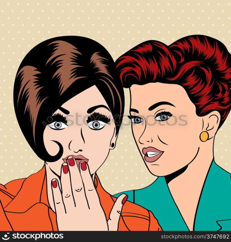 Two young girlfriends talking, comic art illustration in vector format