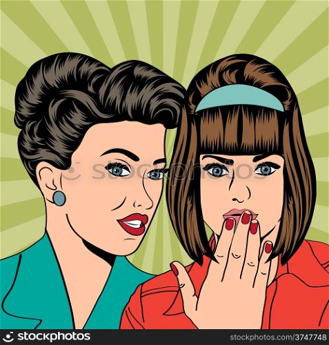 Two young girlfriends talking, comic art illustration in vector format
