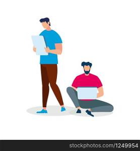 Two Young Men Characters with Gadgets Isolated on White Background. Bearded Man Sitting with Laptop, Guy Stand with Tablet in Hands. Distance Education, Social Media. Cartoon Flat Vector Illustration. Men with Gadgets Isolated on White Background.