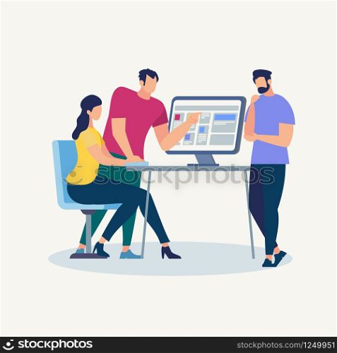 Two Young Men in Casual Cloth Standing at Desk with Computer Monitor and Discussing with Girl Sitting Nearby. Teamwork. Online Education, Coworking. People Communicate Cartoon Flat Vector Illustration. Young Men and Girl at Desk with Computer Monitor