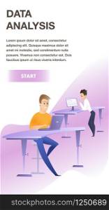 Two Young Men In Casual Clothing Work On Computer at Working Place Office. Vertical Rectangle Banner with Data Analysis Inscription, Copy Space. Office Life, Teamwork Flat Cartoon Vector Illustration. Men Colleagues Working at their Workplace in Office