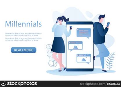 Two young people characters standing with cellphones,big mobile phone with speech bubbles,smartphone generation or millennials,template banner,trendy vector illustration