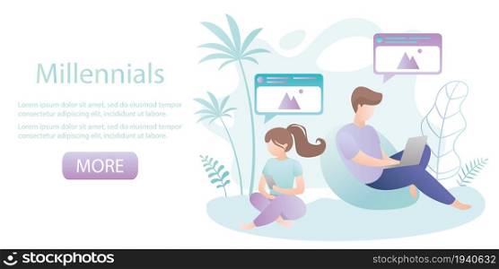 Two young people sitting with gadgets,smartphone generation or millennials,template banner,trendy vector illustration