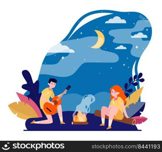 Two young scouts sitting near campfire. Guitar, night, nature flat vector illustration. Summer vacation and active leisure concept for banner, website design or landing web page