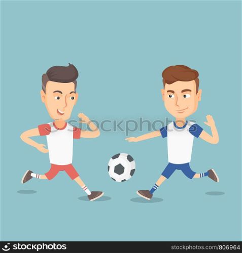Two young sportsmen playing football. Two caucasian football players fighting over control of a ball during a football match. Sport and leisure concept. Vector flat design illustration. Square layout.. Two male soccer players fighting for a ball.