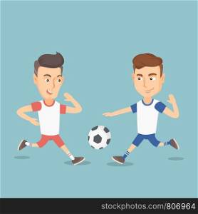 Two young sportsmen playing football. Two caucasian football players fighting over control of a ball during a football match. Sport and leisure concept. Vector flat design illustration. Square layout.. Two male soccer players fighting for a ball.