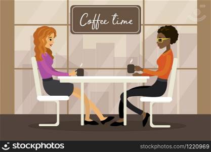 Two Young Woman In Cafe,african american and caucasian female,flat vector illustration
