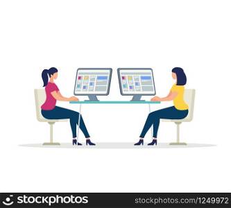 Two Young Women Characters Working on Computers Sitting at Desk Face to Face Isolated on White Background, Distance Education, Girl Chatting in Internet. Social Media, Cartoon Flat Vector Illustration. Two Young Women Characters Working on Computers