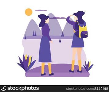 Two Young Women Hiking in Nature