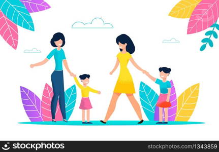 Two Young Women on Walk with Children in Park. Happy Mom Walking Fresh Air Holding her Daughter by Hand. Summer Family Weekend Outdoors. School Holidays for Children. Little Girl Greets Child