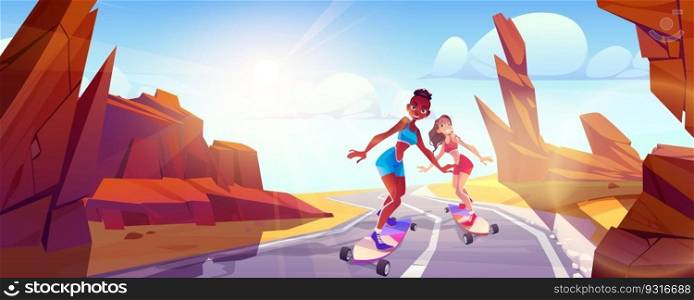 Two young women riding skateboards on road between rocky stone. Vector cartoon illustration of excited slim girls enjoying extreme sports activity in summer canyon and smiling. Healthy lifestyle. Two young women riding skateboards on road