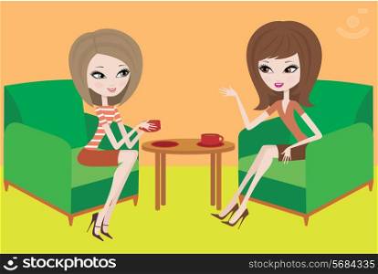Two young women talk in armchairs
