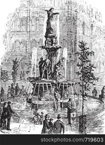 Tyler Davidson Fountain or Genius of Water or The Lady or The Fountain, in Cincinnati, Ohio, USA, during the 1890s, vintage engraving. Old engraved illustration of the Tyler Davidson Fountain.