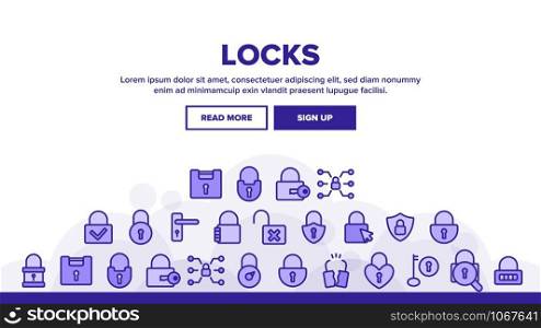 Type Locks Landing Web Page Header Banner Template Vector. Different Shape, Open And Closed Locks Linear Pictograms. Key And Padlock In Heart Form Concept Illustration. Type Locks Landing Header Vector