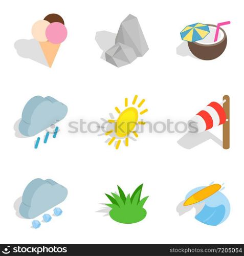 Type of rest icons set. Isometric set of 9 type of rest vector icons for web isolated on white background. Type of rest icons set, isometric style