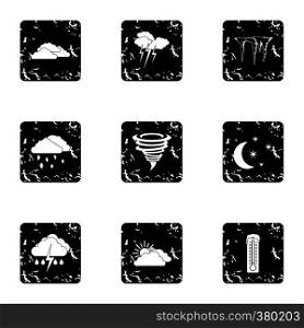 Type of weather icons set. Grunge illustration of 9 type of weather vector icons for web. Type of weather icons set, grunge style