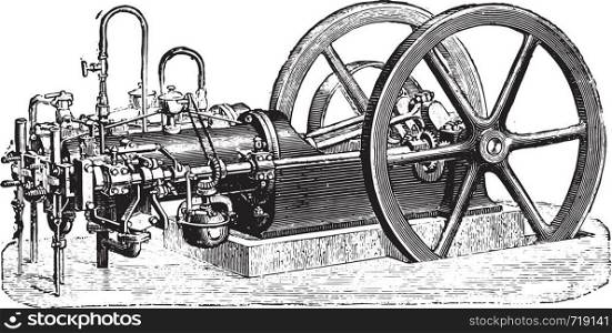 Type Otto engine, two coupled cylinders, applying specifically to the electrical lighting installations, vintage engraved illustration. Industrial encyclopedia E.-O. Lami - 1875.