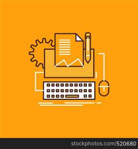 Type Writer, paper, computer, paper, keyboard Flat Line Filled Icon. Beautiful Logo button over yellow background for UI and UX, website or mobile application. Vector EPS10 Abstract Template background