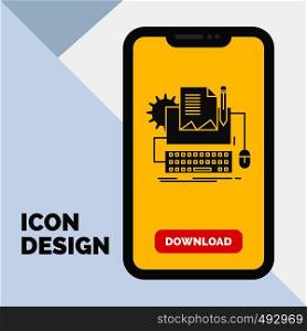 Type Writer, paper, computer, paper, keyboard Glyph Icon in Mobile for Download Page. Yellow Background. Vector EPS10 Abstract Template background