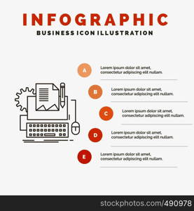 Type Writer, paper, computer, paper, keyboard Infographics Template for Website and Presentation. Line Gray icon with Orange infographic style vector illustration. Vector EPS10 Abstract Template background