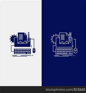 Type Writer, paper, computer, paper, keyboard Line and Glyph web Button in Blue color Vertical Banner for UI and UX, website or mobile application. Vector EPS10 Abstract Template background