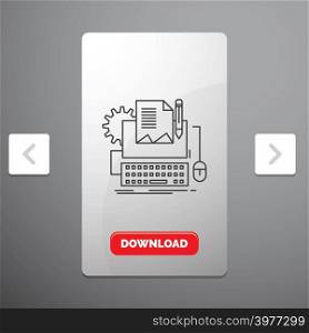 Type Writer, paper, computer, paper, keyboard Line Icon in Carousal Pagination Slider Design & Red Download Button
