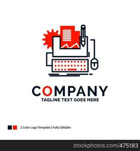 Type Writer, paper, computer, paper, keyboard Logo Design. Blue and Orange Brand Name Design. Place for Tagline. Business Logo template.